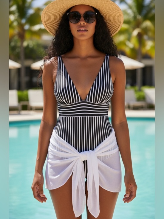 SHEIN Other - Black White Striped One Piece Swimsuit XL Plunge V Neck